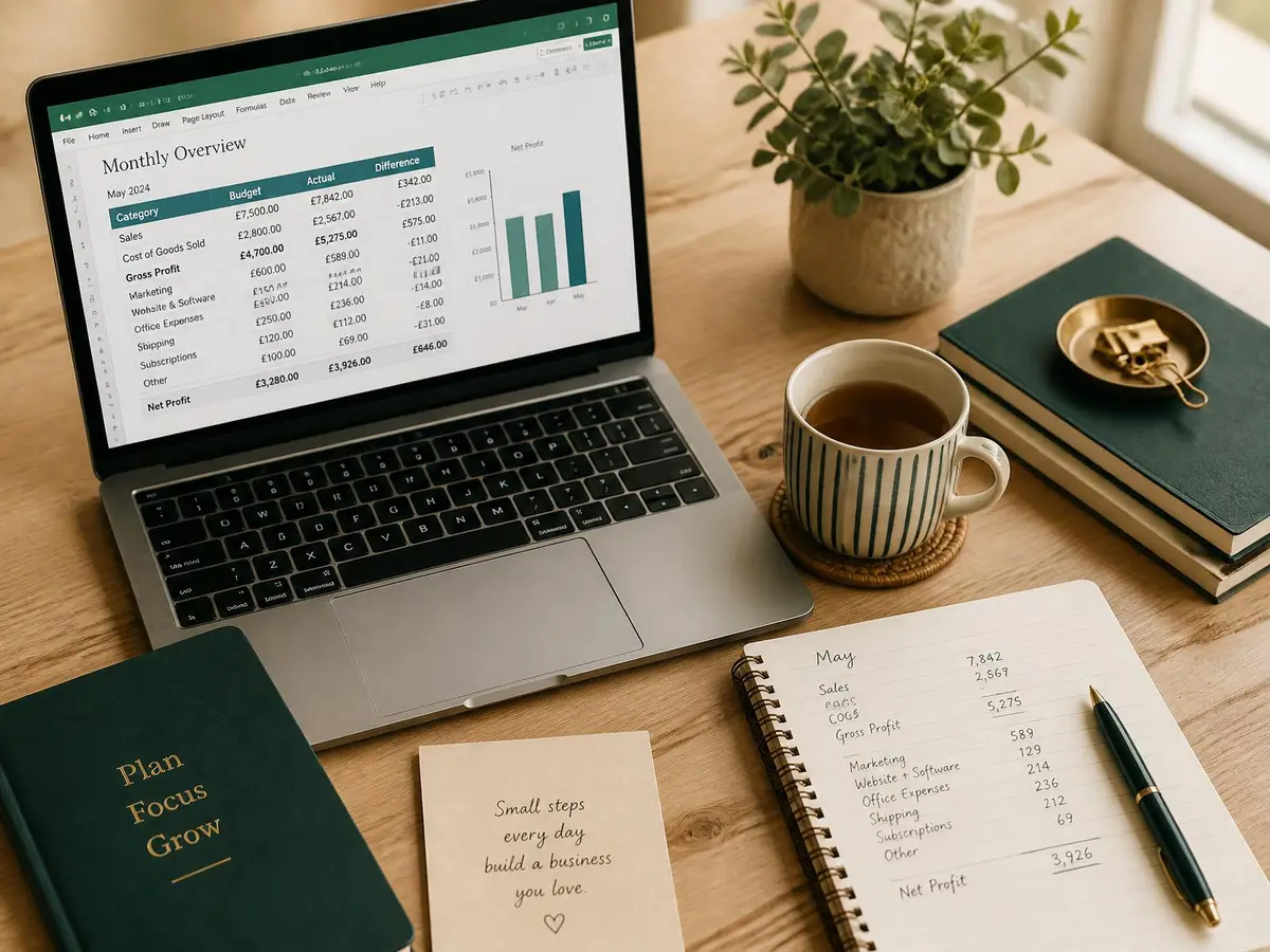 A laptop showing a monthly income and expense spreadsheet beside a notebook of handwritten figures